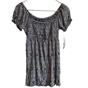 INC Women's Size S Black Tan Geo Print Short Sleeve Square Neck  Blouse